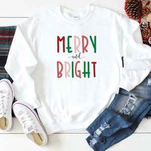NEW Womens Colorful Merry and Bright Christmas Crewneck Sweatshirt Unisex Fit